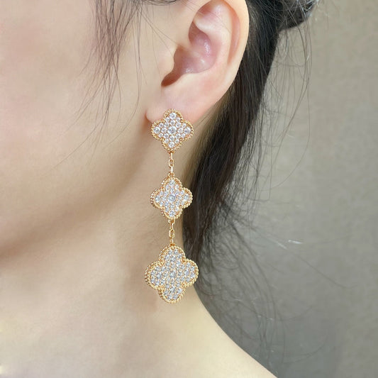 [LoveMore Jewelry]CLOVER 3 MOTIFS DIAMOND PAVED ROSE GOLD EARRINGS