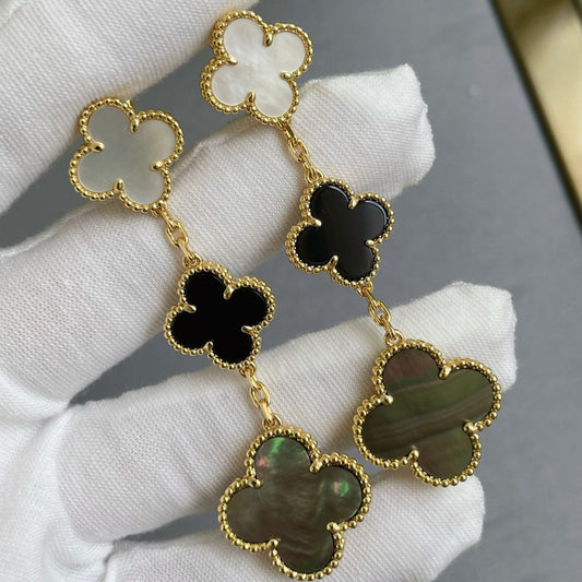 [LoveMore Jewelry]CLOVER 3 MOTIF MOP ONYX DARK MOP PINK GOLD EARRINGS