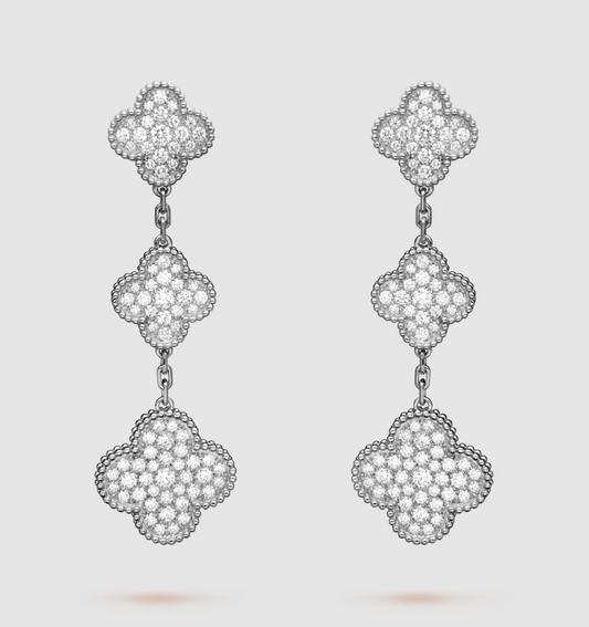 [LoveMore Jewelry]CLOVER 3 MOTIF DIAMOND SILVER DROP EARRINGS